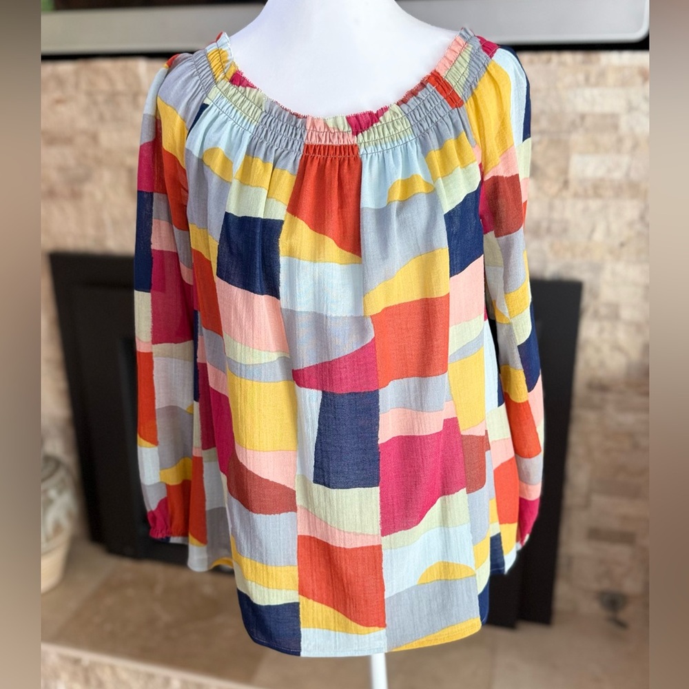 Tory Burch 100% Cotton Multi‎ Color Geometric Patterned Blouse Elastic Neck Sz M